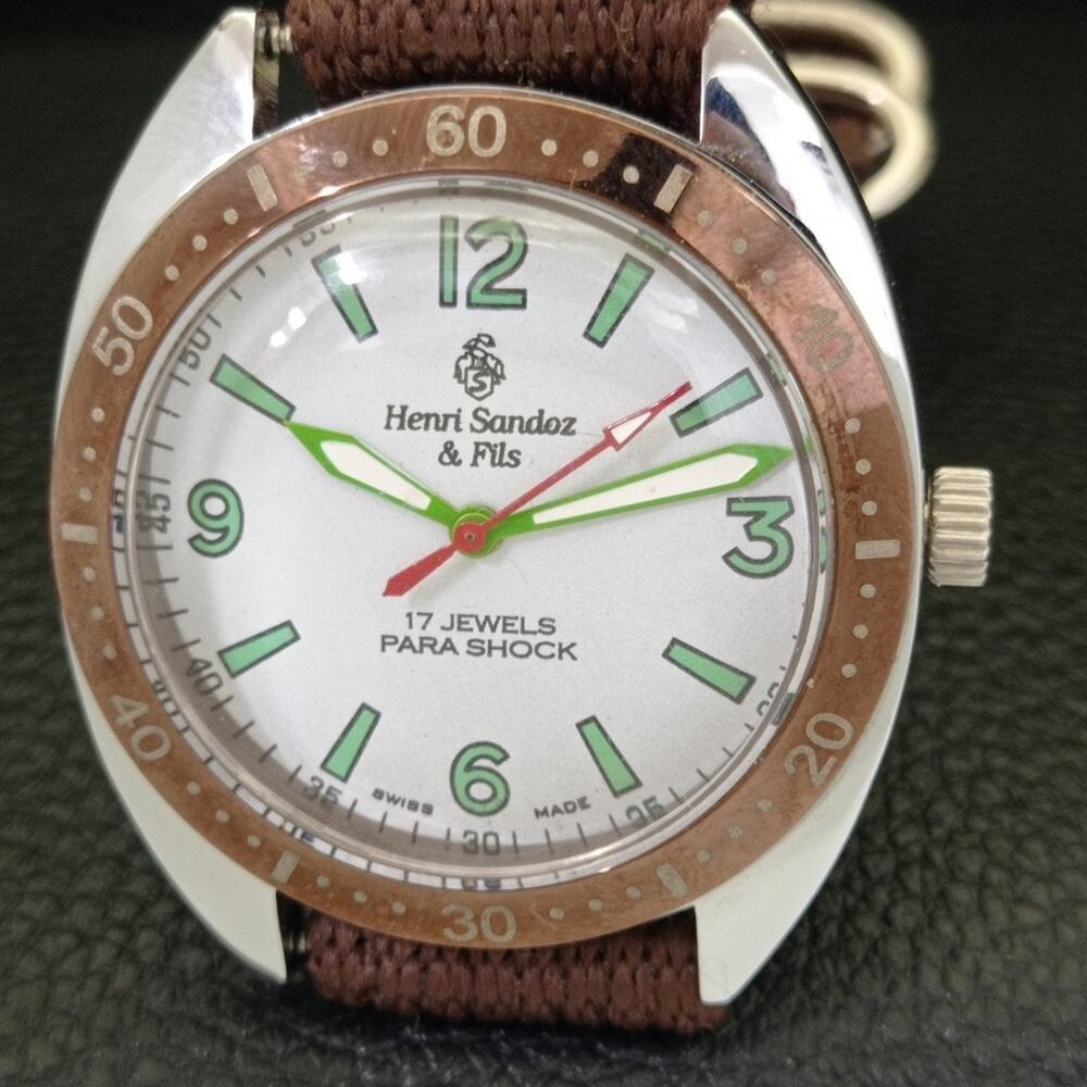 Vintage 1973  Henri Sandoz Manual Mens Silver Watch W/Nato Strap - Picture 3 of 9